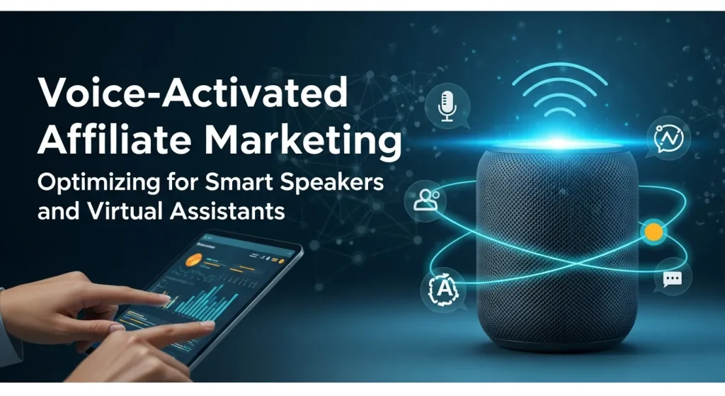 Voice‑Activated Affiliate Marketing concept showing smart speakers, virtual assistants, and affiliate links for optimizing sales through voice search
