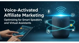 Voice‑Activated Affiliate Marketing concept showing smart speakers, virtual assistants, and affiliate links for optimizing sales through voice search