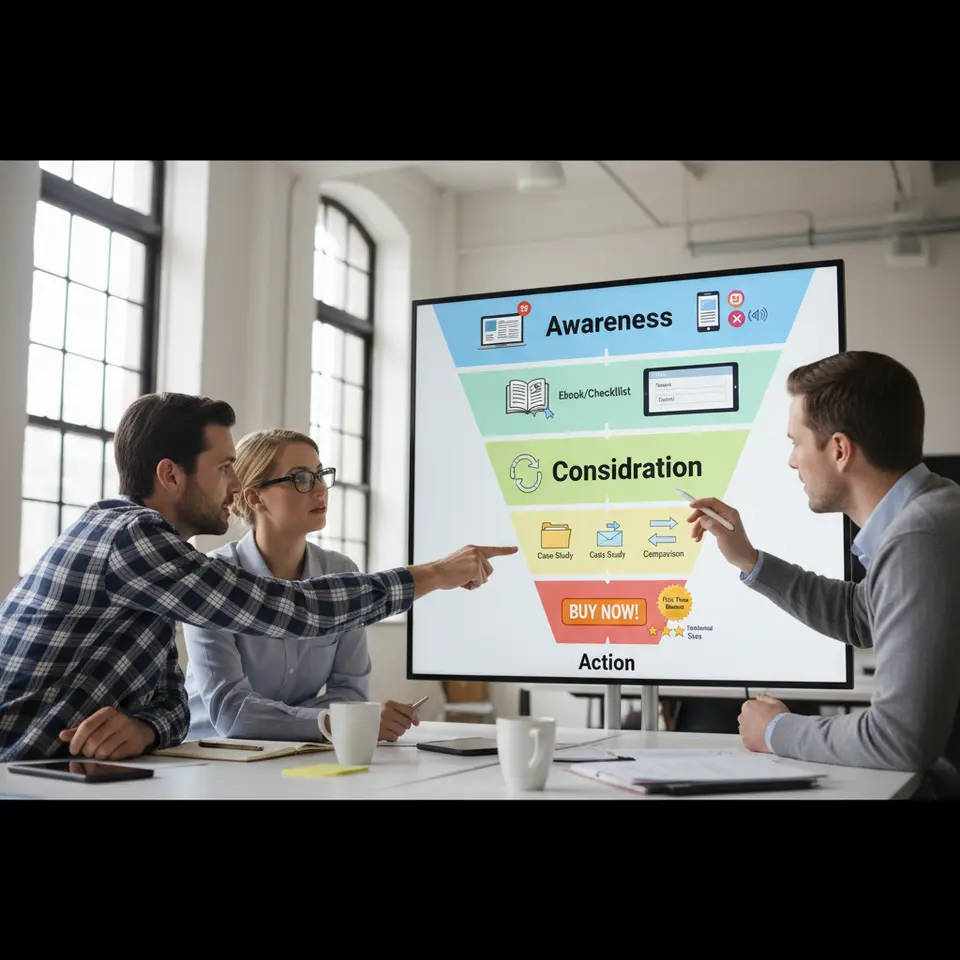 A layered funnel diagram showing the four stages of an affiliate funnel: top layer “Awareness” with icons for blog posts, social media, and ads; next layer “Interest” featuring a lead magnet (ebook/checklist) icon and an email signup form; third layer “Consideration” depicting email nurture with case study and comparison icons; and bottom layer “Action” with a bold call-to-action button, limited-time bonus badge, and testimonial stars.