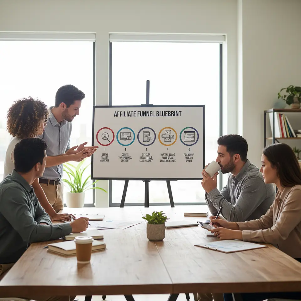 A six-step process flowchart infographic for building an affiliate funnel: step 1 magnifying glass over a user profile (“Define Target Audience”); step 2 blog post and video icons on a screen (“Create Top-of-Funnel Content”); step 3 an ebook or checklist icon with a popup window (“Develop Irresistible Lead Magnet”); step 4 a sequence of envelope icons linked by arrows (“Nurture Leads with Email Sequence”); step 5 a product page with bullet points and a countdown timer (“Present Your Affiliate Offer”); and step 6 a thank-you email icon with an upsell arrow (“Follow Up and Upsell”).