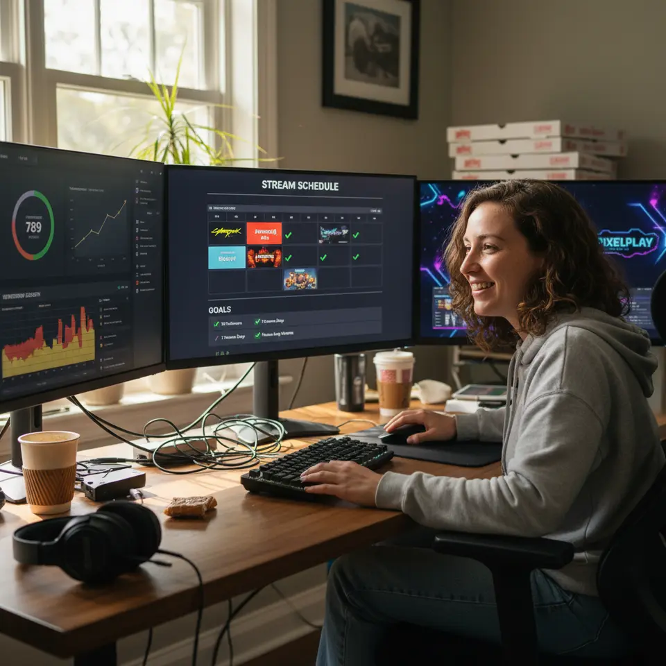 A content creator’s desktop setup with a streaming schedule on a digital calendar, alongside open analytics dashboards showing follower counts, viewership growth graphs, chat activity heatmaps, and branded channel overlays—visualizing the process of meeting and exceeding affiliate program requirements.