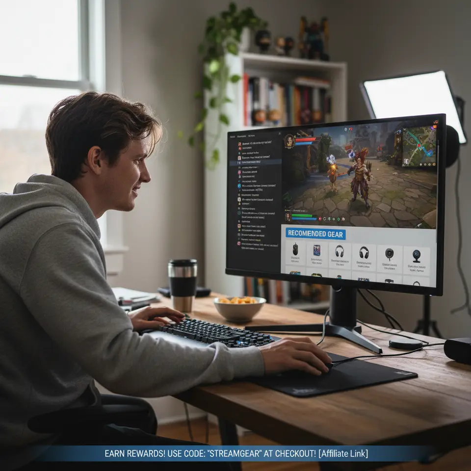 A Twitch live stream mockup featuring gameplay in the main window, a custom panel titled “Recommended Gear,” chat commands (!gear, !deals) appearing in the chat sidebar, and a subtle overlay banner at the bottom promoting an affiliate link—illustrating seamless affiliate integration into a broadcast.