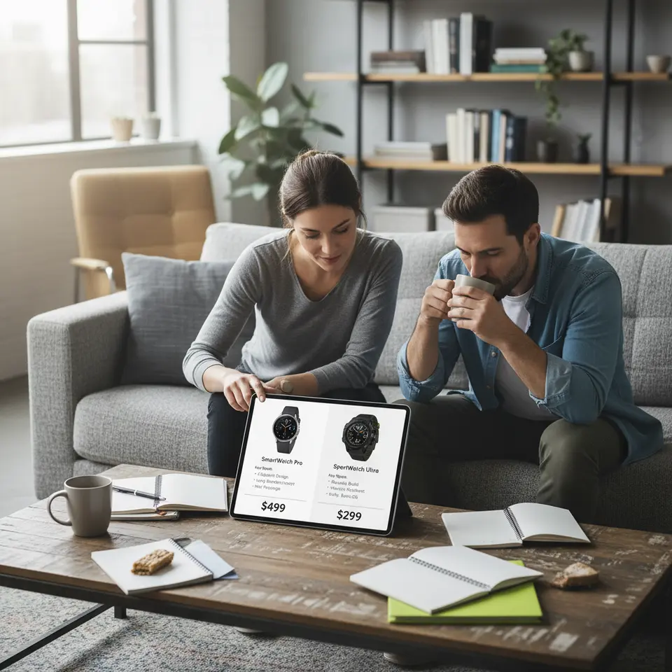 A side-by-side product comparison infographic laid out as a table or grid, showing product images, key specs, pros & cons bullet points, and price tags—designed to help users visually evaluate multiple options at a glance.